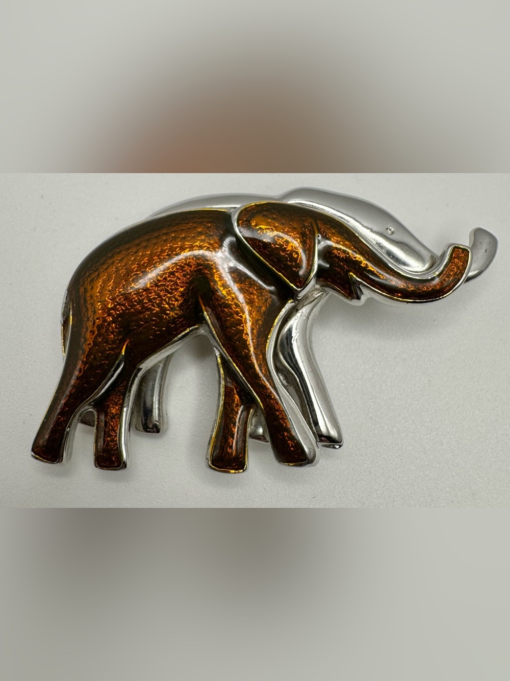 Double Elephant Silver Tone and Brown Enamel Brooch